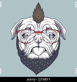 Pug Dog Punk in einer roten Brille und einem Bandana-Polka-Punkt von Hand gezeichnet Stock Vektor