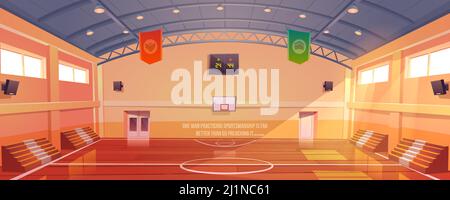 Basketballplatz mit Reifen, Tribüne und Anzeigetafel. Vektor-Cartoon-Illustration von leeren Schulhalle, Sportplatz mit Holzboden, Fan-Sitze für gam Stock Vektor