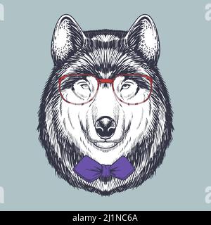 wolf in einer roten Brille und Fliege von Hand gezeichnet Stock Vektor