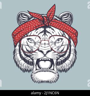 Tiger wütend Hand gezeichnet mit einer roten Brille und Bandana-Polka-Punkt Stock Vektor