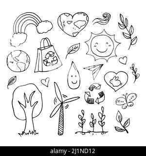 Handgezeichnete Vektorgrafik mit niedlichen Doodle-Stil-Elementen für den Earth Day. Ideal für Grußkarten, Poster und saisonale Designs. Stock Vektor