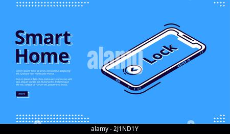 Smart Home-Banner. Technologiekonzept Internet der Dinge. Vektor Landing Page des Haus-Steuerungssystem mit isometrischem Symbol des Mobiltelefons mit securit Stock Vektor