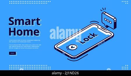 Smart Home-Banner. Technologiekonzept Internet der Dinge. Vektor Landing Page des Haus-Steuerungssystem mit isometrischem Symbol des Mobiltelefons mit securit Stock Vektor