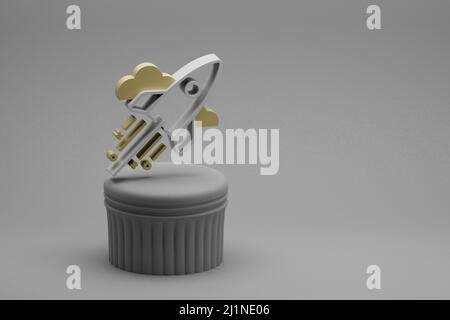Schöne abstrakte Illustrationen Raketensymbole auf einer Säule und wunderschönem Hintergrund. 3D Rendering-Illustration. Hintergrundmuster für Design. Stockfoto