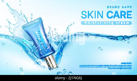 Gesichtscreme Paket in Wasser spritzen. Vector realistische Marke Poster mit feuchtigkeitsspendenden Hautpflegegel oder Make-up-Kosmetik in blauen Rohr fallen in Wasser sur Stock Vektor