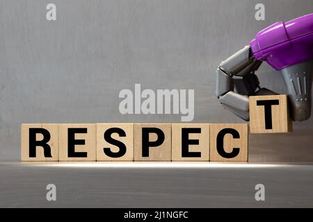 Achtung Wort auf Holz Block geschrieben. respekt Text auf Tisch, Konzept. Stockfoto