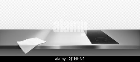 Elektrischer Herd auf der Küchenunterseite Blick von oben. Vector Induktions-Kochplatte, schwarze Keramik-Kochplatte auf leerem Stahltisch mit Lappen. Isolierter Metallcount Stock Vektor