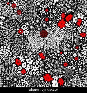 Niedliche florale nahtlose Muster aus roten Blume mit grauen Blättern auf schwarz-weißen Hintergrund. Einfache schöne Blumen. Vektorgrafik. Stock Vektor