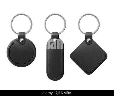Schlüsselanhänger aus Leder, Schlüsselanhänger für Schlüssel mit Metallring. Vektor realistische Vorlage von schwarzen Anhänger für zu Hause, Auto oder Büro isoliert auf weißem Hintergrund. Stock Vektor