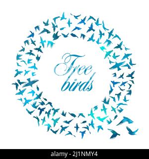 Runder Rahmen von fliegenden blauen Vögeln. Vektorgrafik . Vektorgrafik, Designvorlagen. Vögel in einem flachen Stil, ein Ort für Text. Stock Vektor