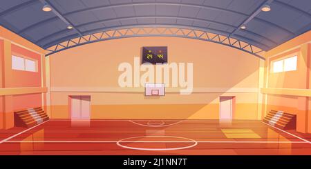 Basketballplatz, Sportarena oder Halle für Mannschaftsspiele mit Reifen, Holzboden, Anzeigetafel und leeren Ventilatorsektorsitzen. Indoor-Stadion illumina Stock Vektor