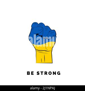 Faust in ukrainischen Flaggen Farben. Bleibt stark und stoppt den Krieg in der Ukraine. Kein Kriegsbanner oder keine Vorlage. Vektorgrafik Stock Vektor