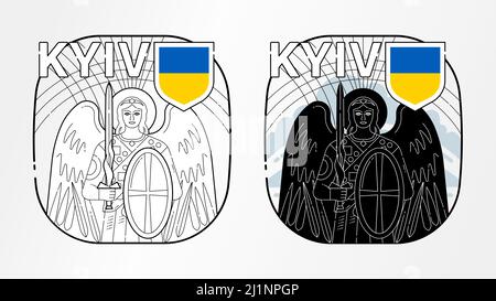 Der Erzengel St. Michael der Schutzheilige der Stadt Kiew, Konzept minimalistische Grafik, Symbol, zwei schwarz-weiße Ausgabe, Ukraine Flaggen Farben - Stock Vektor