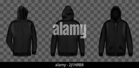 Schwarzes Sweatshirt mit Reißverschluss, Kapuze und Taschen vorne und hinten. Vector realistische Mockup von männlichen Zip Hoodie mit langen Ärmeln. Mann Silhouette in str Stock Vektor