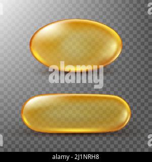 Goldene Ölkapsel aus Vitamin A, E, Omega 3 oder Kollagen. Vector realistische Mockup von medizinischen Pille mit Fischfett oder Bio-Kosmetiköl. Gelb t. Löschen Stock Vektor