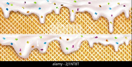 Realistische Tropfen Eis geschmolzen Tropfen mit Streuseln auf Waffelkegel Hintergrund. Geschmolzene weiße süße Flüssigkeit Spritzer, glänzend cremefarbenen Rand mit Tropfen Stock Vektor