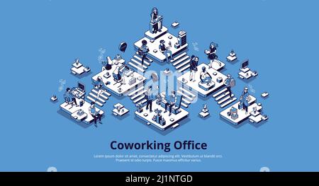 Coworking Office isometrische Landing Page. Business Center innen, Arbeitsplatz mit Menschen arbeiten an Computern, Gadgets und entspannen. Bereich für Teamarbeit, kostenlos Stock Vektor