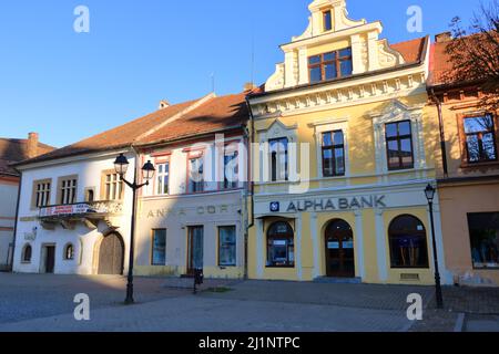 September 8 2021 - Bistrita, Bistritz, Rumänien: Blick auf alte Häuser in der Altstadt Rumäniens Stockfoto