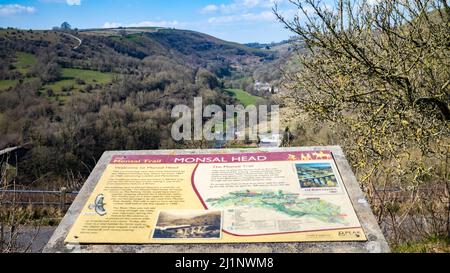 Eine Informationsplattform am Monsal Head, einem beliebten Aussichtspunkt mit Blick auf Monsal Dale im Peak District National Park in Derbyshire, Großbritannien. Die Gegend ist Stockfoto