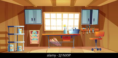 Garage Innenraum mit Werkzeugen für Zimmerei und Reparaturarbeiten. Vektor-Cartoon-Illustration von Werkstatt oder Abstellraum mit Werkzeugkasten und Pinsel auf Arbeit Stock Vektor