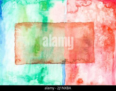 Farbenfroher, lebendiger strukturierter Hintergrund mit abstrakten Formen und Blots. Abstrakte handbemalte Aquarelltextur. Dekorativer chaotischer Overlay für Design. Stockfoto