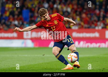 Marcos Alonso aus Spanien in Aktion beim Internationalen Freundschaftsspiel zwischen Spanien und Albanien im RCDE-Stadion in Barcelona, Spanien, Stockfoto