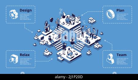 Coworking Office Infografiken isometrische Landing Page. Bereich getrennt auf Zimmer für Entspannung, Plan, Design und Team-Kommunikation. Arbeitsplatz mit Menschen te Stock Vektor