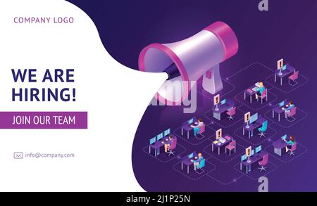 Mieten Agentur isometrische Landing Page mit riesigen Megaphon und Menschen arbeiten im Büro mit vakanten Platz. Lautsprecher, Personalbeschaffung, Personalbeschaffung Stock Vektor