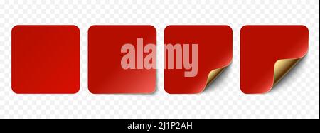 Vektor rot realistische Papier Aufkleber, verkaufen Tags isoliert auf transparentem Hintergrund. Set von quadratischen Sticker gebogen mit goldenen Ecken und weichen Schatten. Stock Vektor