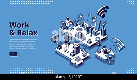 Arbeiten und entspannen isometrische Landing Page, Geschäftsleute arbeiten auf Laptop sitzen auf der Bank im Park und meditieren in Lotushaltung unter Pflanzen. Yoga r Stock Vektor