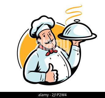 Cartoon Chef Charakter mit Tablett Emblem. Vektorgrafik für Restaurant oder Café-Logo Stock Vektor
