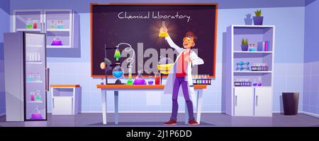 Chemische Laboreinrichtung mit wissenschaftlichen Geräten, Glasflaschen, Röhrchen und Bechergläsern, Tafel an der Wand. Vektor-Cartoon-Illustration mit Chemiker Stock Vektor