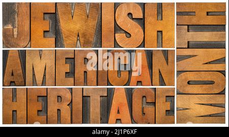 Jewish American Heritage Month - isoliert Wort abstrakt in Vintage-Buchdruck Holzart, Jude Erbe und Tradition Konzept Stockfoto