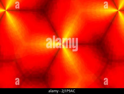 Eine kraftvolle kaleidoskopische Illustration: Kleine geometrische Dreiecksformen mit geringer Poly-Geometrie, leuchtend intensives Rot und Gelb. Stockfoto