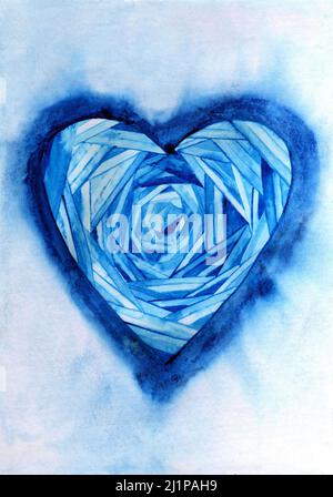 Blau gestreiftes Aquarell-Herz. Handbemalte Illustration. Stockfoto