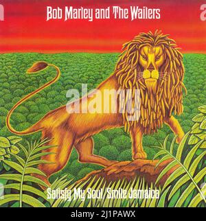 Frontcover der Schallplattenhülle für die UK 45 rpm Vinyl Single von Satisfy My Soul von Bob Marley und The Wailers. Herausgegeben auf dem Insel-Label am 26.. Mai 1978. Geschrieben von Bob Marley und produziert von Bob Marley und den Wailers. Stockfoto