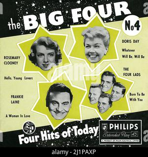Frontabdeckung der Schallplattenhülle für das UK 45 rpm Vinyl E.P. The Big Foue: No. 4 von Rosemary Clooney, Doris Day, Frankie Laine und den vier Jungs. Im Dezember 1956 auf dem Philips Label veröffentlicht. Stockfoto