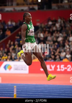 ESE Brume NGR beim Weitsprung der Frauen am dritten Tag der Leichtathletik-Hallenweltmeisterschaften Belgrad 2022 in der Belgrader Arena am 20. März, Stockfoto