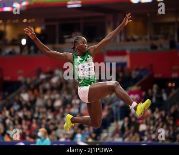 ESE Brume NGR beim Weitsprung der Frauen am dritten Tag der Leichtathletik-Hallenweltmeisterschaften Belgrad 2022 in der Belgrader Arena am 20. März, Stockfoto