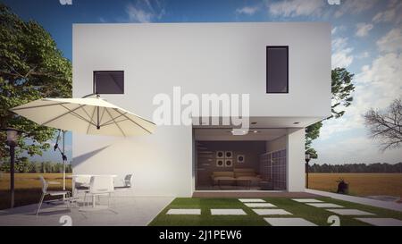 Schönes weißes Haus mit moderner Architektur 3D Illustration Stockfoto