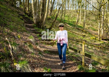 Eine vietnamesische Frau geht einen steilen Waldweg am Cressbrook Dale im Peak District Nation al Park, Derbyshire, Großbritannien, hinunter Stockfoto