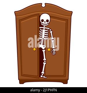 Skelett im Schrank, lustige Cartoon-Illustration eines Sprichwort. Niedliche Vektorzeichnung. Stock Vektor