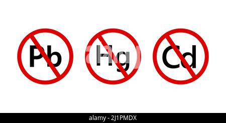 Keine Pb-, Hg-, CD-Symbole im roten Kreis - Vektor-Flachzeichen. Stock Vektor