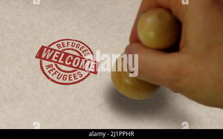 Flüchtlinge Willkommen Stempel und Stempelhand. Migration und humanitäre Hilfe während des Krisenkonzepts. Stockfoto