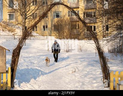 Rovaniemi, Finnland - 17.. März 2022: Ein Mann, der mit seinem Hund in einem verschneiten Park in Rovaniemi, Finnland, unterwegs ist. Stockfoto