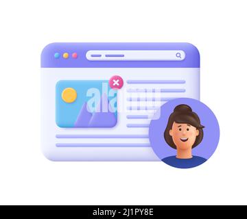 Design der Webseitenschnittstelle, Web-Benutzer, Windows-Rahmensuche. Webdesign und Webentwicklungskonzept. 3D Vektorsymbol. Minimalistischer Cartoon-Stil. Stock Vektor