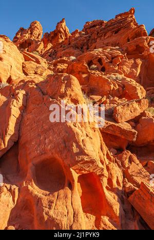 Overton, Nevada, USA - 11. Dezember 2010: Valley of Fire. Gruselige Augenlöcher in Totenkopf-ähnlichen roten Felsen unter blauem Himmel. Stockfoto