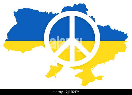 Weißes Friedenssymbol auf der Karte der Ukraine mit ukrainischer Flagge. Friedenskonzept in der Ukraine. Die Karte der Ukraine auf weißem Hintergrund. Stockfoto