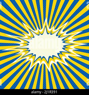 Comic Hintergrund gelb blau ua Strahlen Flagge Farbe ukraine, Cartoon Explosion, Blitz Halbton Punkte Stock Vektor