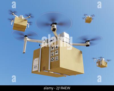 3D Rendering einer Gruppe von Paketlieferdrohnen am Himmel Stockfoto